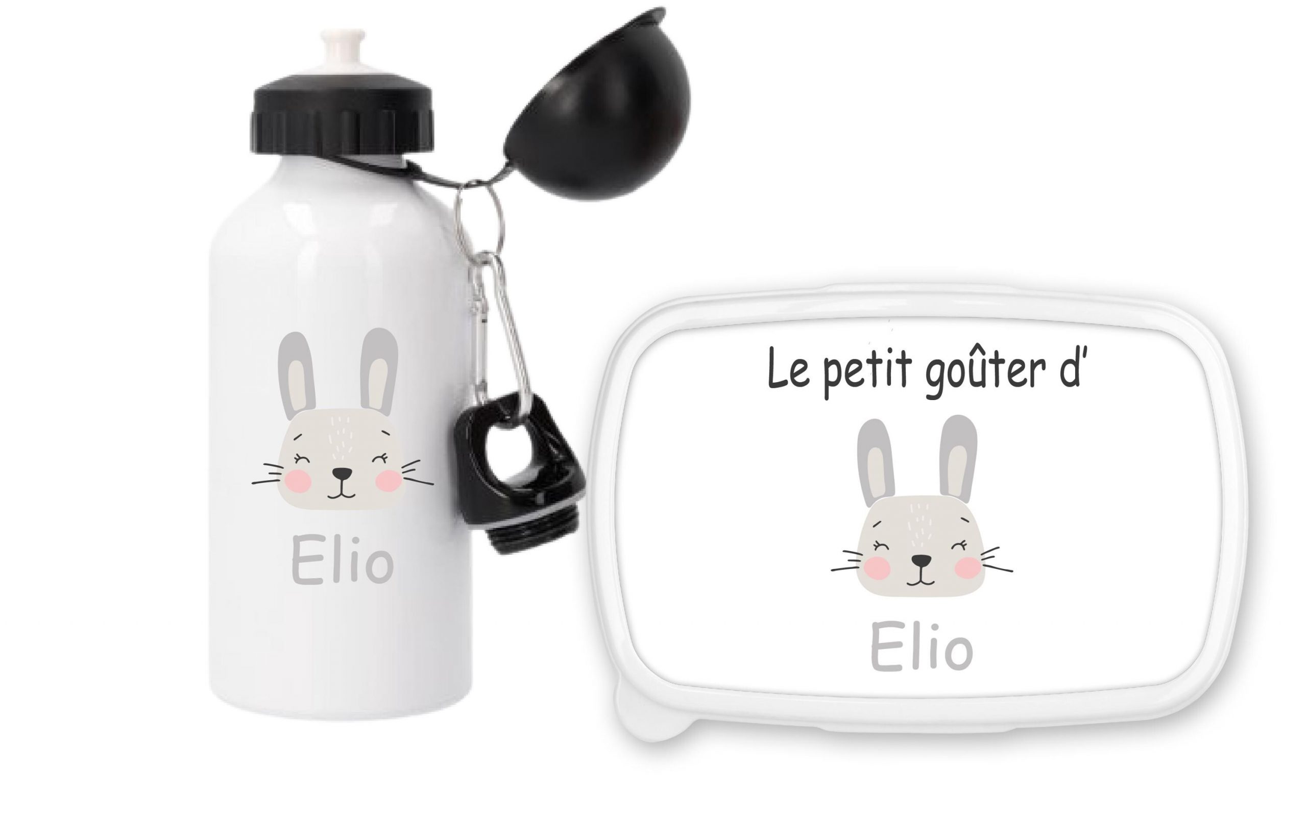 Coffret enfant personnalisé – Gourde 500 ml + boîte à goûter – Lapin gris et prénom – Idée cadeau crèche ou école