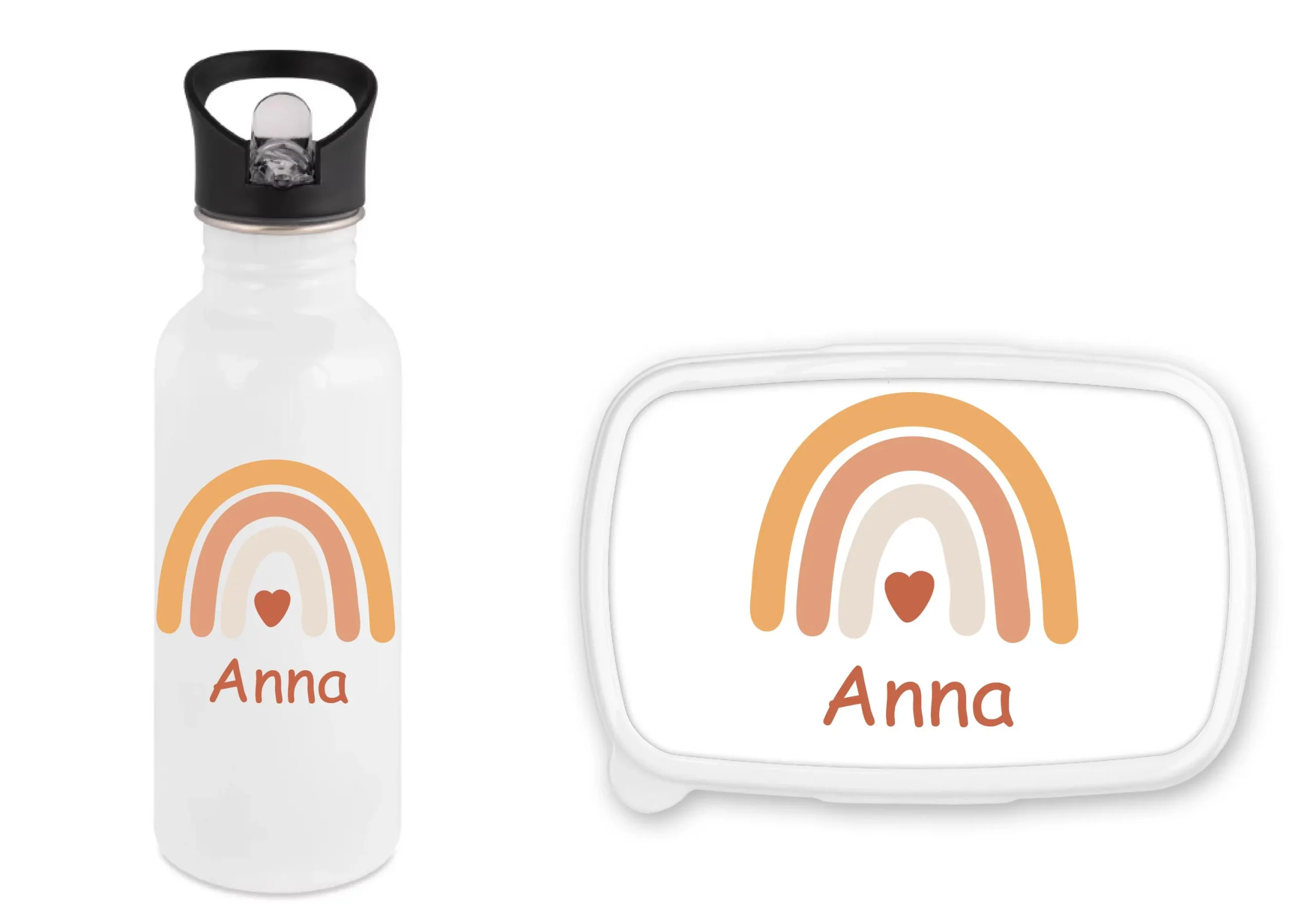 Set personnalisé enfant – Gourde 600 ml bouchon paille + boîte à goûter – Arc-en-ciel terracotta – Prénom