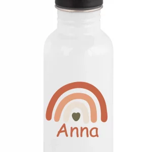 Gourde paille personnalisée 600 ml – Arc-en-ciel terracotta et cœur kaki – Prénom enfant