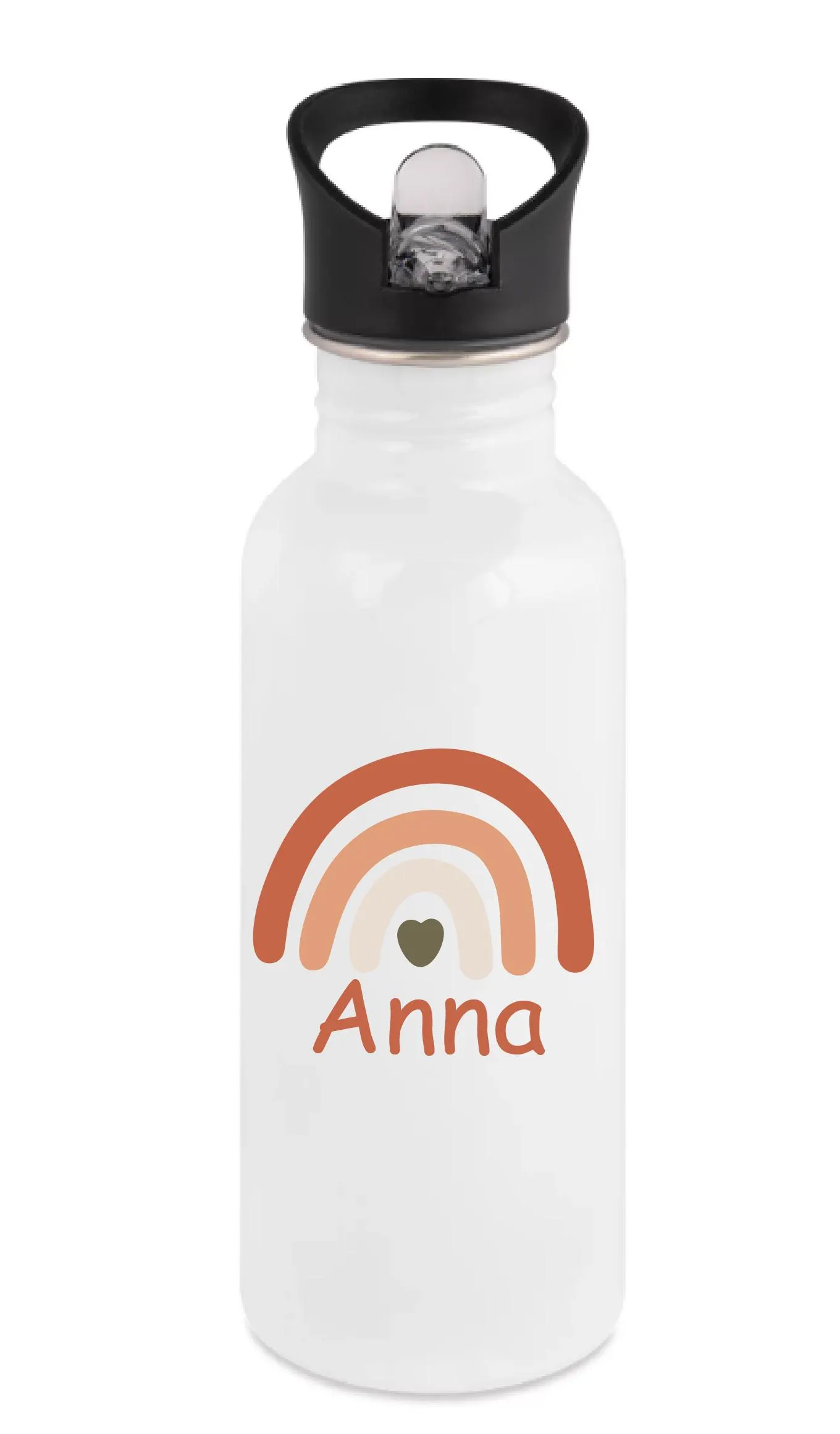 Gourde paille personnalisée 600 ml – Arc-en-ciel terracotta et cœur kaki – Prénom enfant