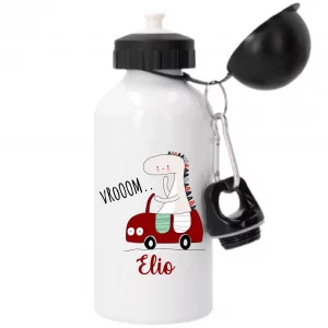 Gourde sport enfant personnalisée – Dinosaure voiture rouge – Prénom – École maternelle