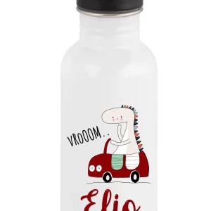Gourde enfant paille personnalisée – Dinosaure voiture rouge – Prénom – 600 ml – École maternelle