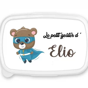 Boîte à goûter personnalisée prénom ours super-héros – Fond bleu – Lunch box garçon – Rentrée scolaire maternelle ou crèche