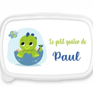 Boîte à goûter personnalisée – Motif Dinosaure – Fond bleu – Rentrée scolaire – Prénom personnalisable