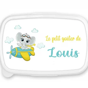 Boîte à goûter personnalisée – Motif Éléphant avion – Fond bleu – Rentrée scolaire – Prénom personnalisé