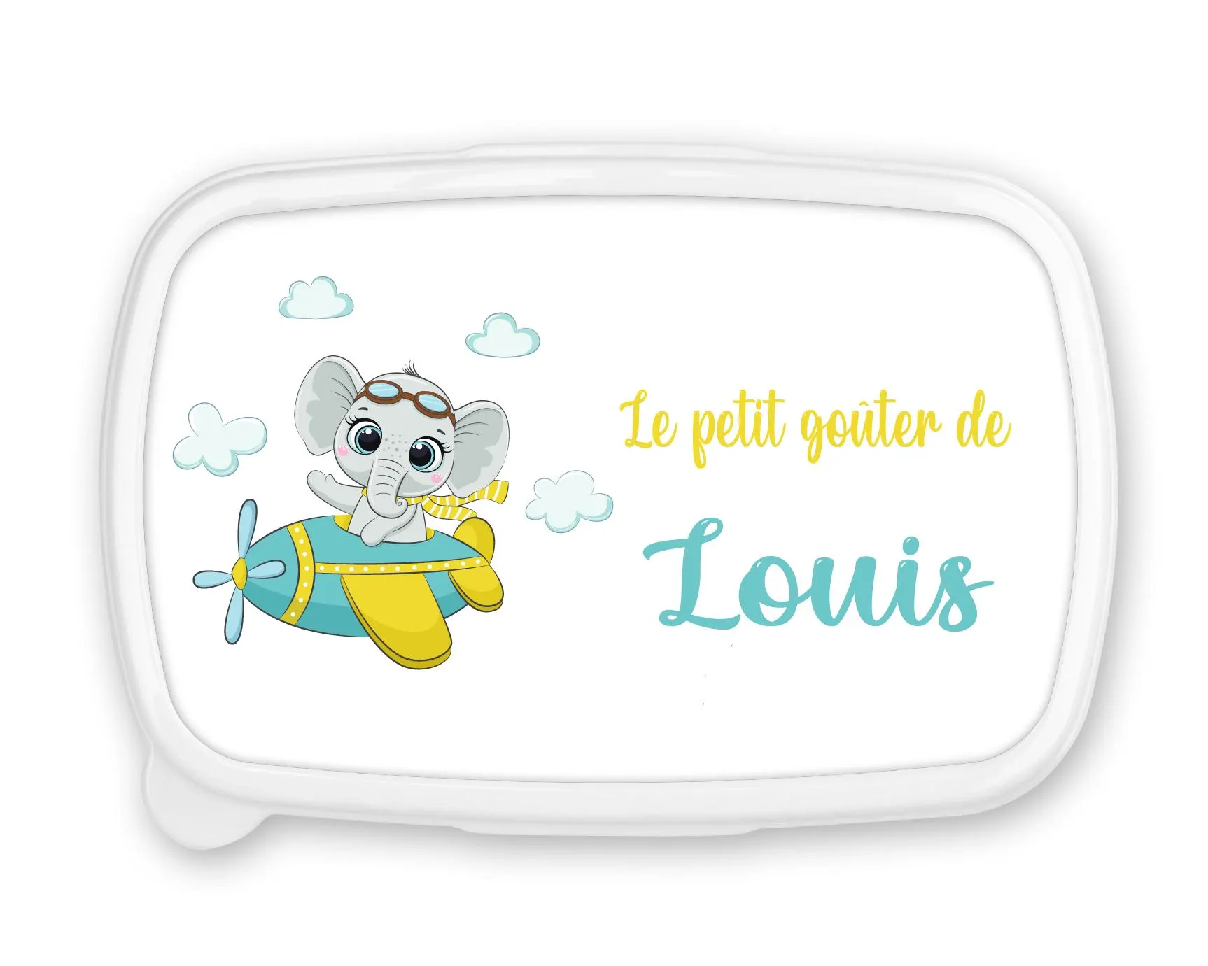 Boîte à goûter personnalisée – Motif Éléphant avion – Fond bleu – Rentrée scolaire – Prénom personnalisé