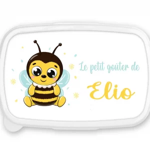 Boîte à goûter personnalisée – Motif Abeille – Fond bleu – Rentrée scolaire – Prénom personnalisable