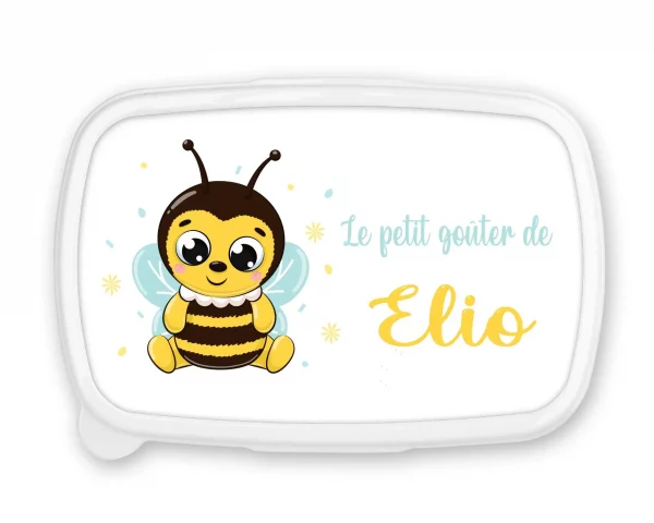 Boîte à goûter personnalisée – Motif Abeille – Fond bleu – Rentrée scolaire – Prénom personnalisable