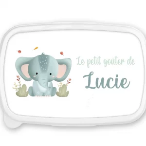 Boîte à goûter personnalisée – Motif Éléphant Bleu – Fond bleu – Rentrée scolaire – Prénom personnalisable