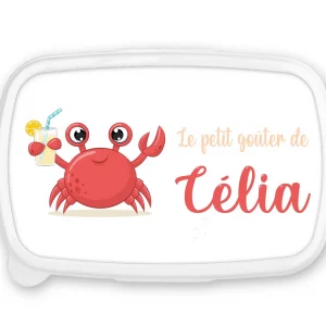 Boîte à goûter personnalisée prénom crabe rigolo – Fond rose – Lunch box fille – Rentrée scolaire maternelle