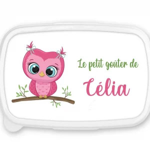 Boîte à goûter personnalisée prénom chouette rose – Fond rose – Lunch box fille – Rentrée scolaire maternelle