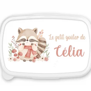 Boîte à goûter personnalisée prénom raton laveur – Fond bleu ou rose – Lunch box enfant – Rentrée scolaire maternelle