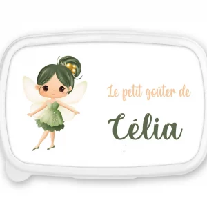 Boîte à goûter personnalisée prénom fée – Fond bleu ou rose – Lunch box enfant fille – Rentrée scolaire maternelle