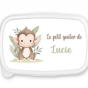 Boîte à goûter personnalisée prénom singe – Rentrée scolaire maternelle – Fond rose ou bleu – Lunch box enfant jungle