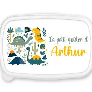 Boîte à goûter personnalisée prénom dinosaures – Fond bleu – Lunch box garçon – Rentrée scolaire maternelle crèche