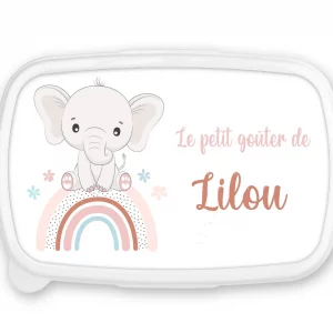Boîte à goûter personnalisée prénom éléphant arc-en-ciel – Fond rose – Lunch box fille – Rentrée scolaire crèche maternelle