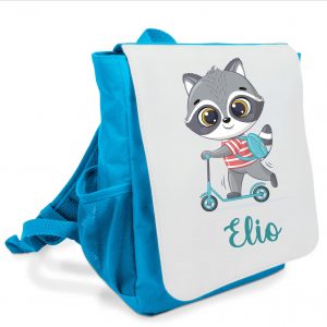 Sac à dos bleu prénom personnalisé - Raton laveur trottinette - Rabat imprimé amovible - Sac crèche ou maternelle garçon