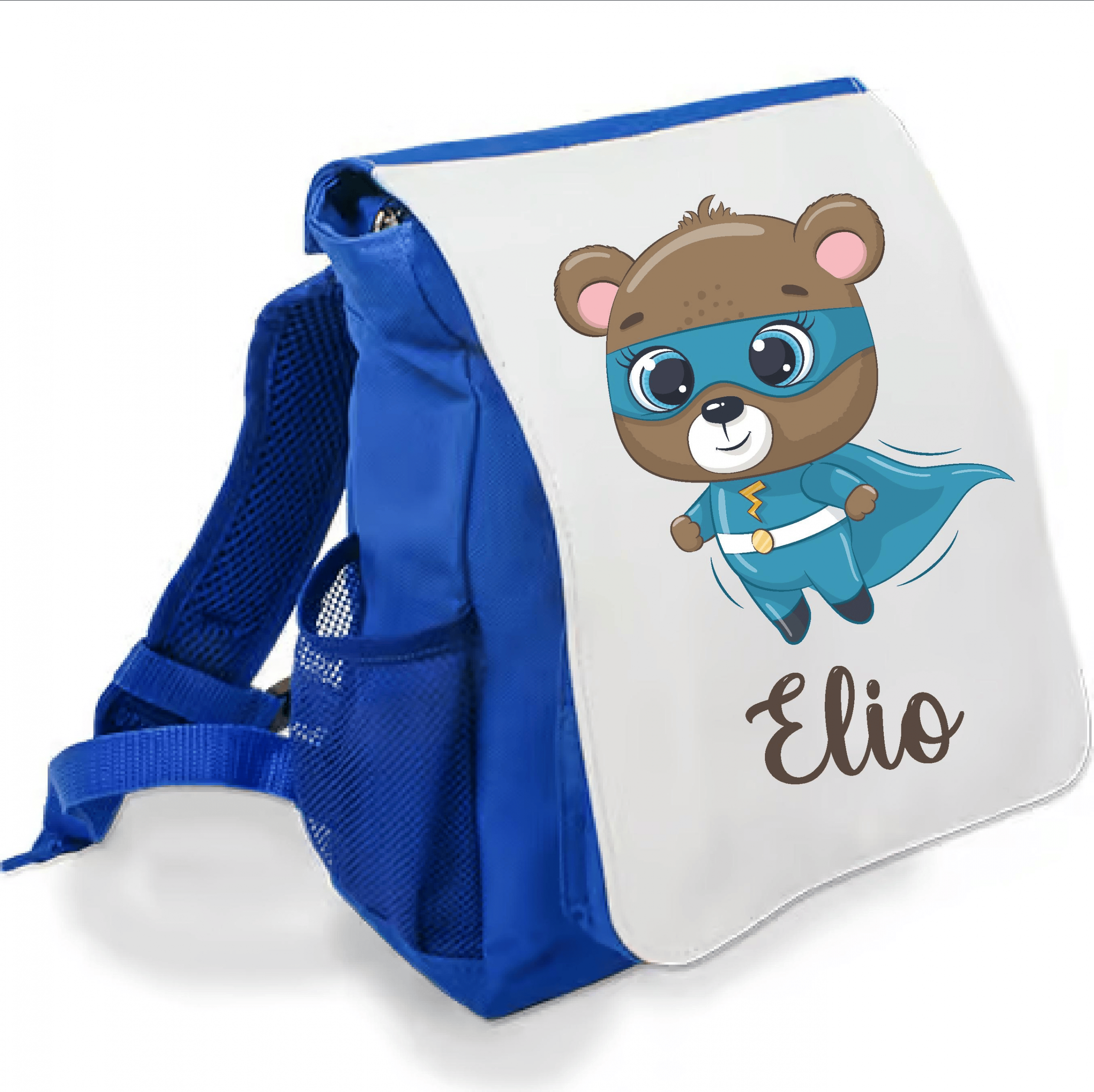 Sac à dos bleu personnalisé prénom - Ourson super-héros - Rabat imprimé amovible - Sac crèche ou maternelle garçon