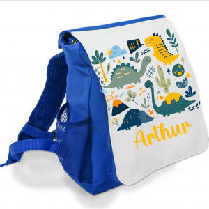 Sac à dos bleu maternelle personnalisé prénom - Motif dinosaures graphiques - Rabat imprimé amovible - Sac crèche garçon