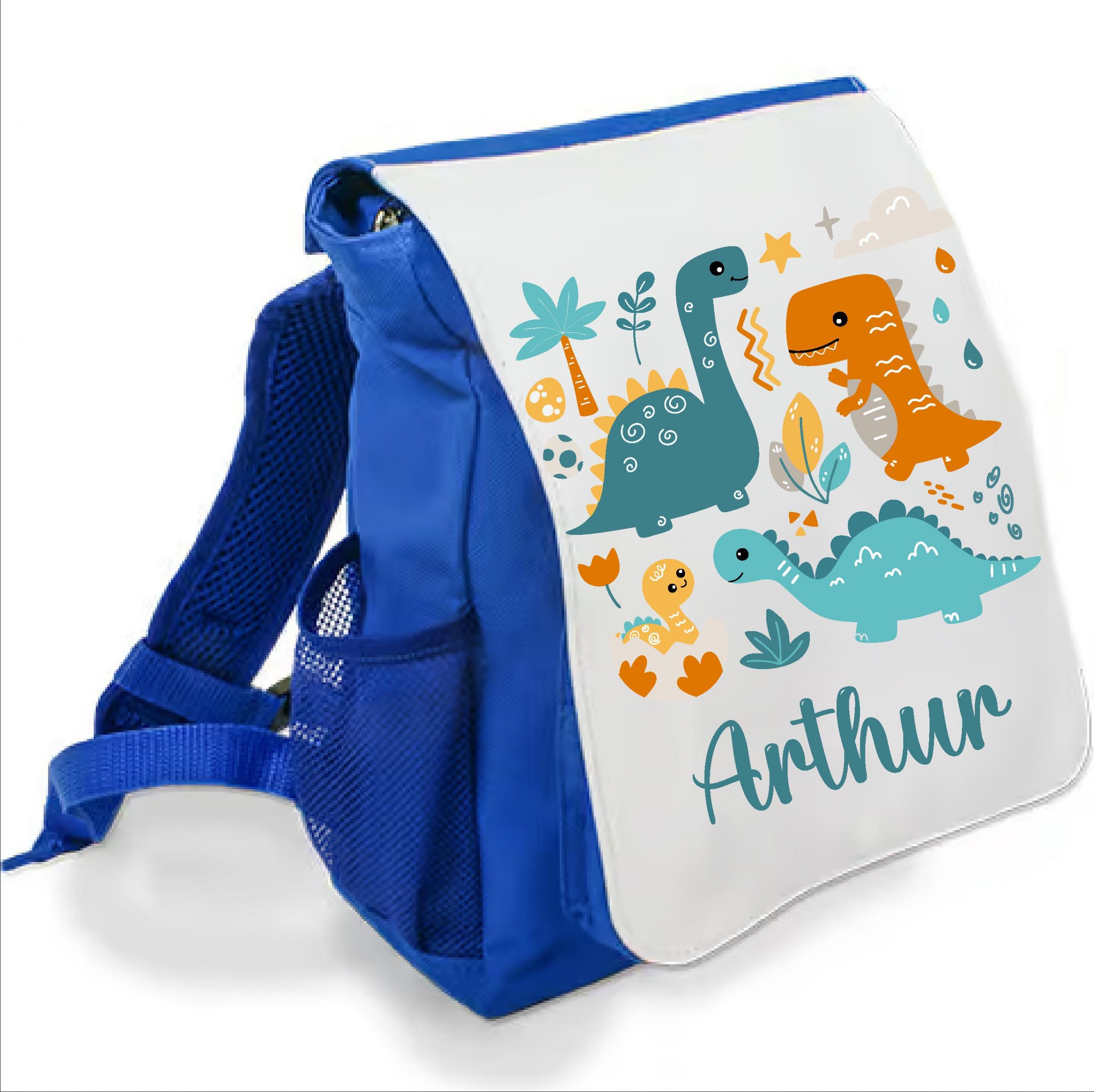 Sac à dos bleu maternelle personnalisé prénom - Motif dinosaures colorés - Rabat imprimé amovible - Sac crèche garçon – Image 2