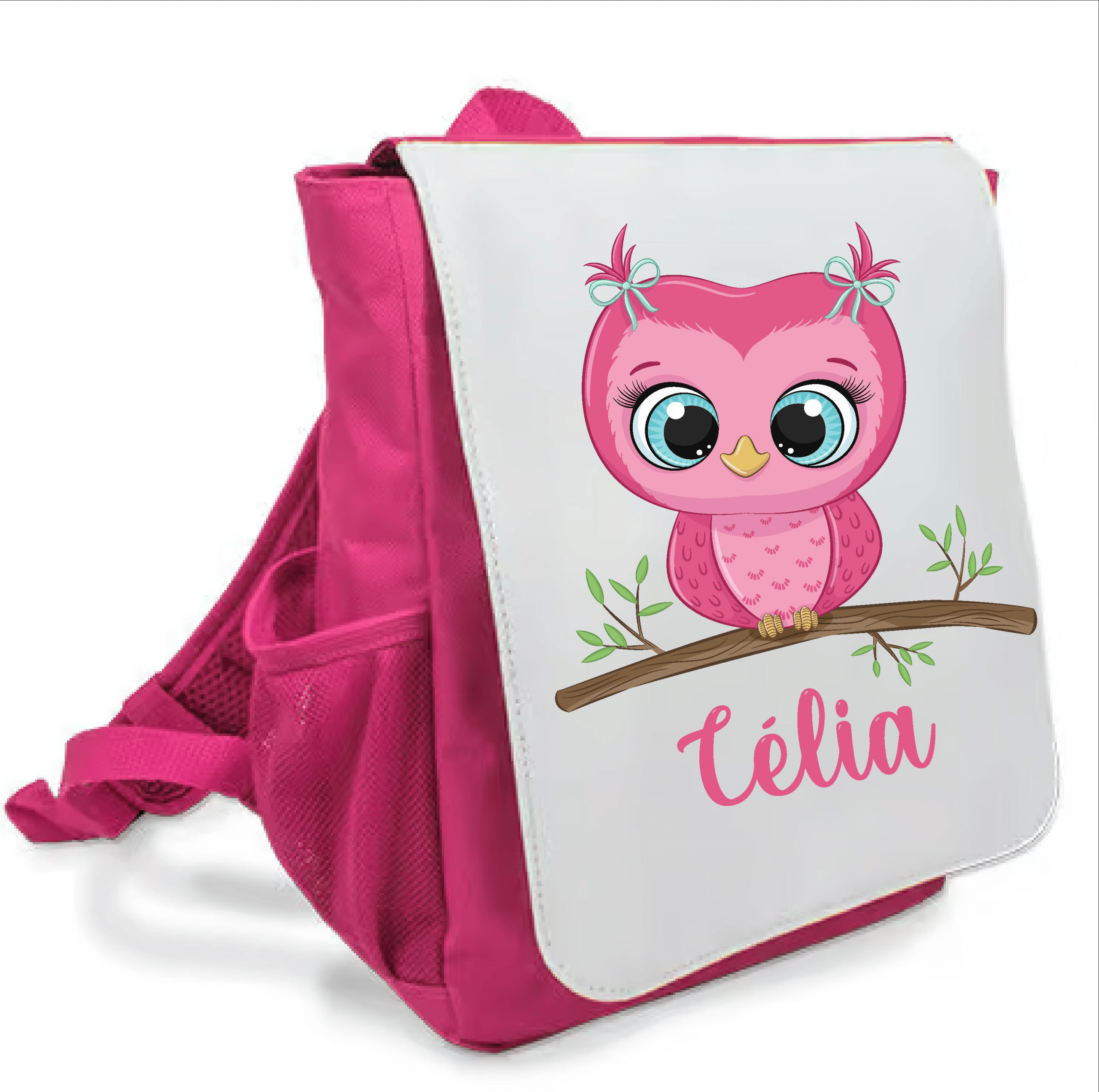 Sac à dos rose maternelle personnalisé prénom - Chouette rose perchée - Rabat imprimé amovible - Sac crèche fille