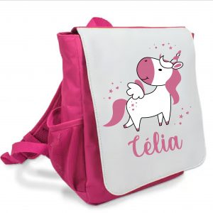 Sac à dos rose maternelle personnalisé prénom - Licorne rose magique - Rabat imprimé amovible - Sac crèche fille