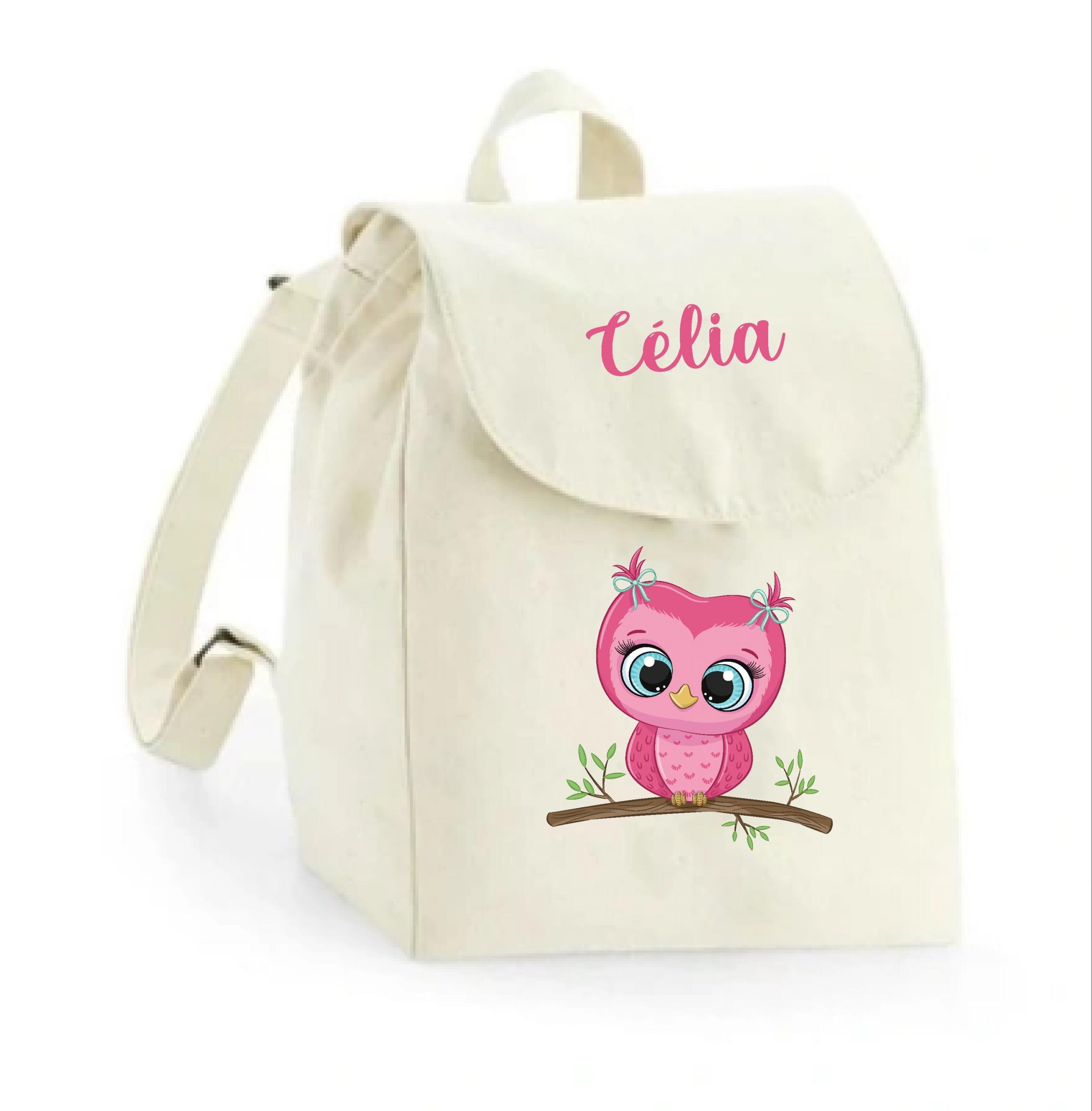 Sac à dos maternelle personnalisé prénom - Chouette rose rigolote - Sac crèche 100% coton bio - Rentrée enfant fille - Cadeau personnalisé
