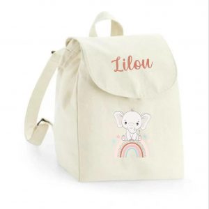 Sac à dos maternelle personnalisé prénom - Éléphanteau arc-en-ciel pastel - Sac crèche 100% coton bio - Rentrée enfant fille