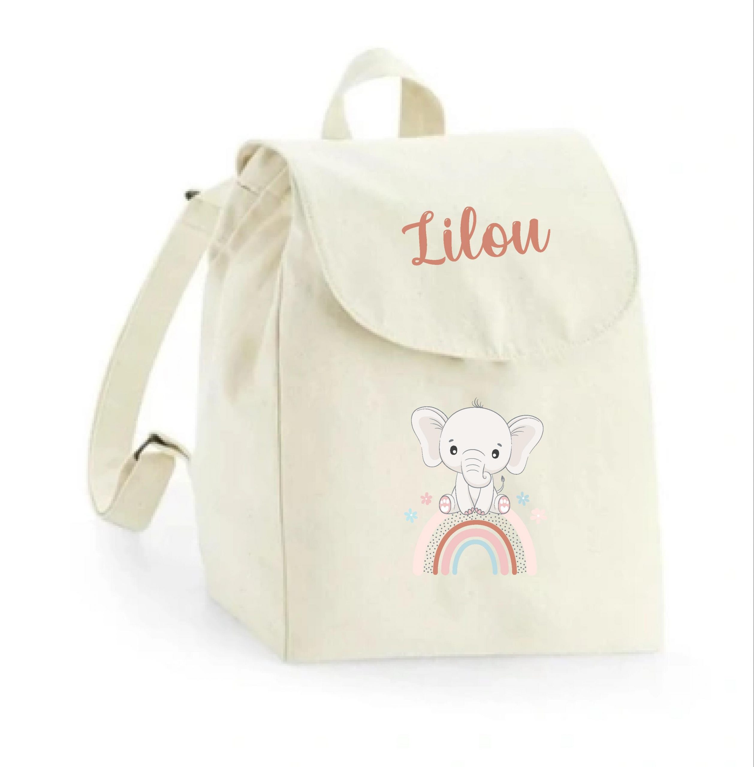 Sac à dos maternelle personnalisé prénom - Éléphanteau arc-en-ciel pastel - Sac crèche 100% coton bio - Rentrée enfant fille