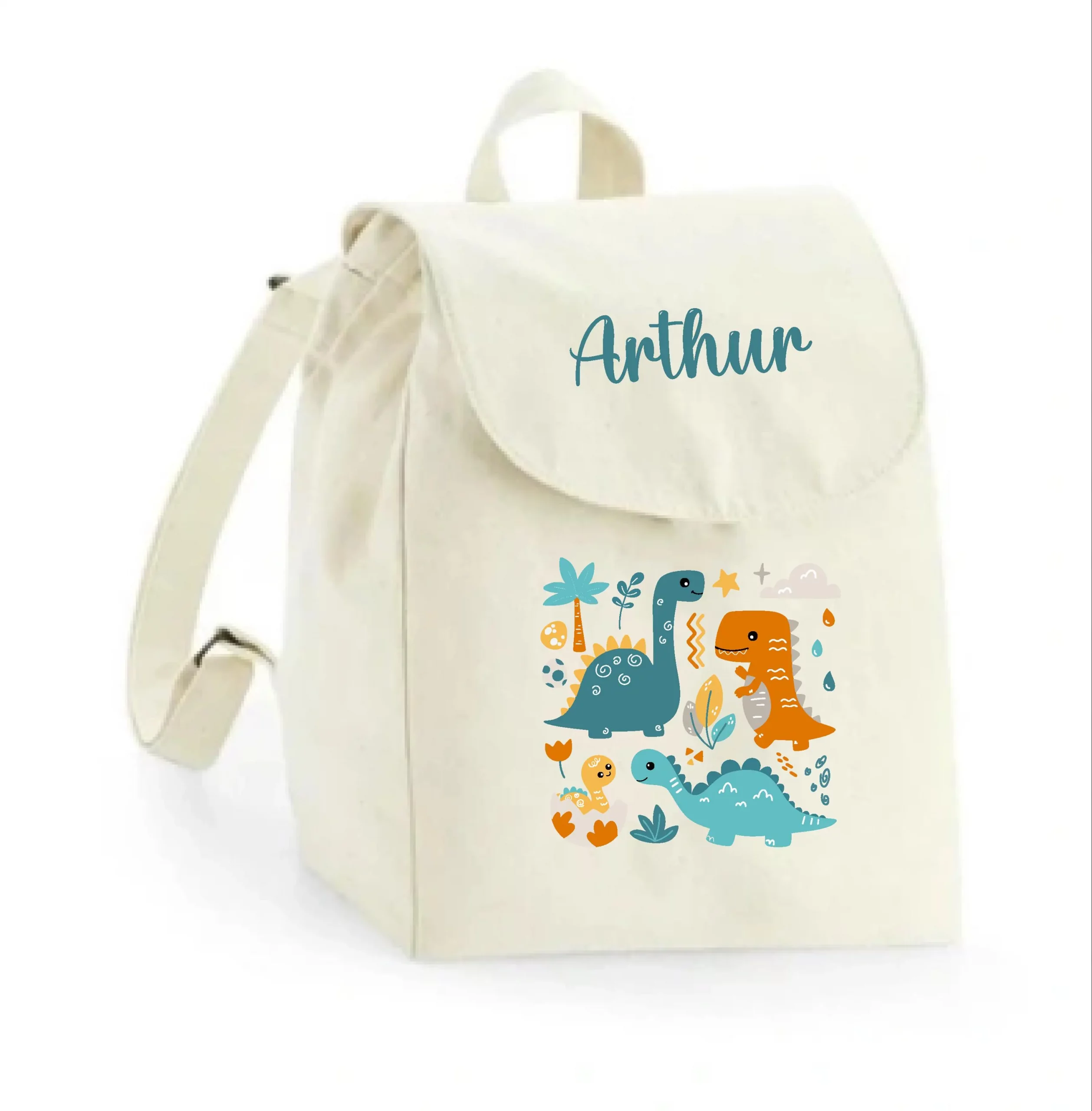 Sac à dos maternelle personnalisé prénom - Dinosaures colorés - Sac crèche 100% coton bio - Rentrée enfant garçon - Cadeau personnalisé