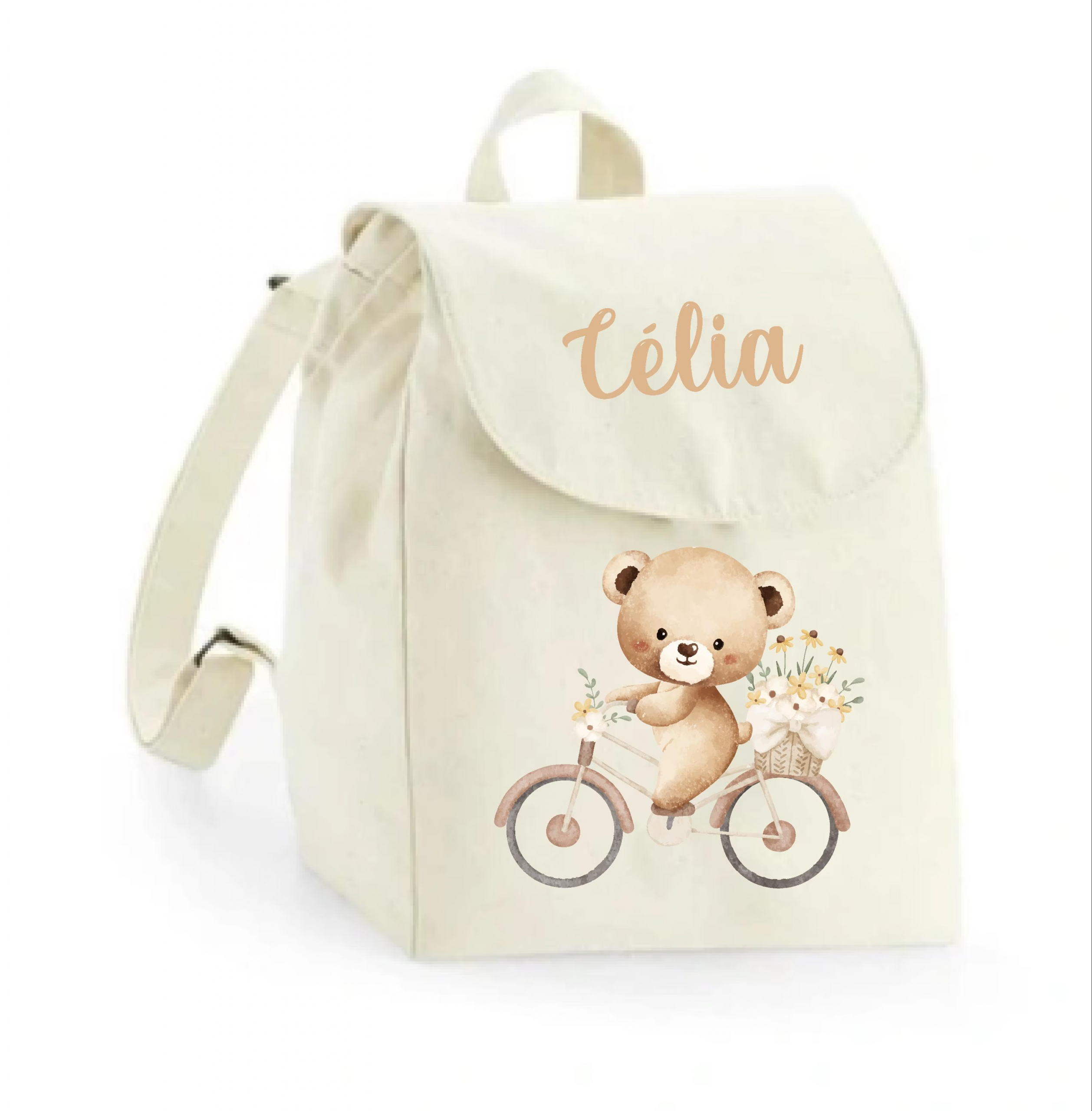 Sac à dos maternelle personnalisé prénom - Ourson à vélo fleuri - Sac crèche 100% coton bio - Rentrée enfant fille ou garçon