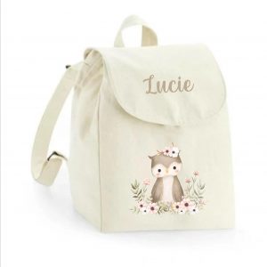 Sac à dos maternelle personnalisé prénom - Chouette fleurie - Sac crèche 100% coton bio - Rentrée enfant fille - Cadeau personnalisé