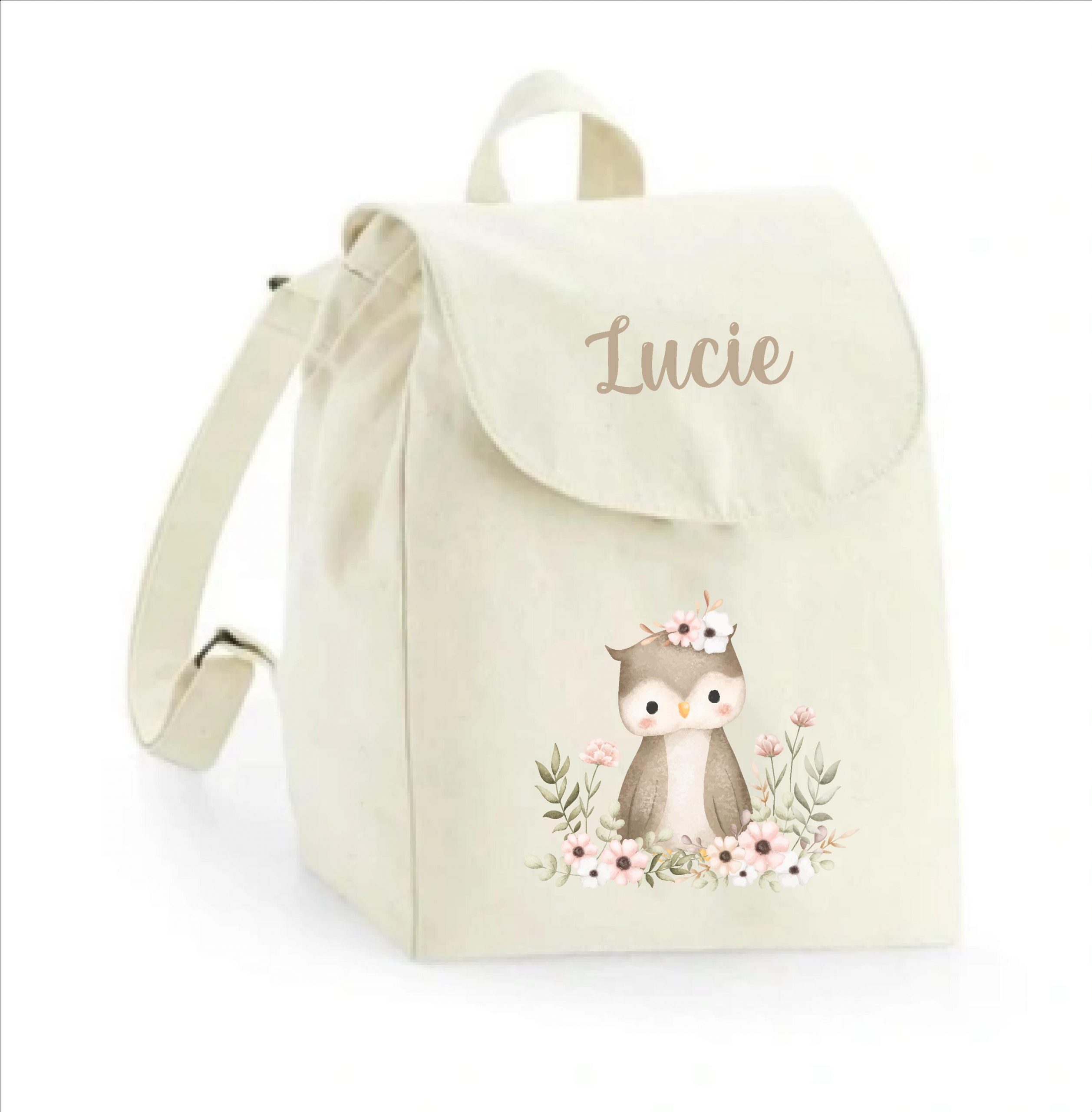 Sac à dos maternelle personnalisé prénom - Chouette fleurie - Sac crèche 100% coton bio - Rentrée enfant fille - Cadeau personnalisé