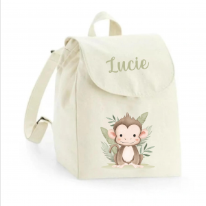 Sac à dos maternelle personnalisé prénom - Petit singe tropical - Sac crèche 100% coton bio - Rentrée enfant fille ou garçon