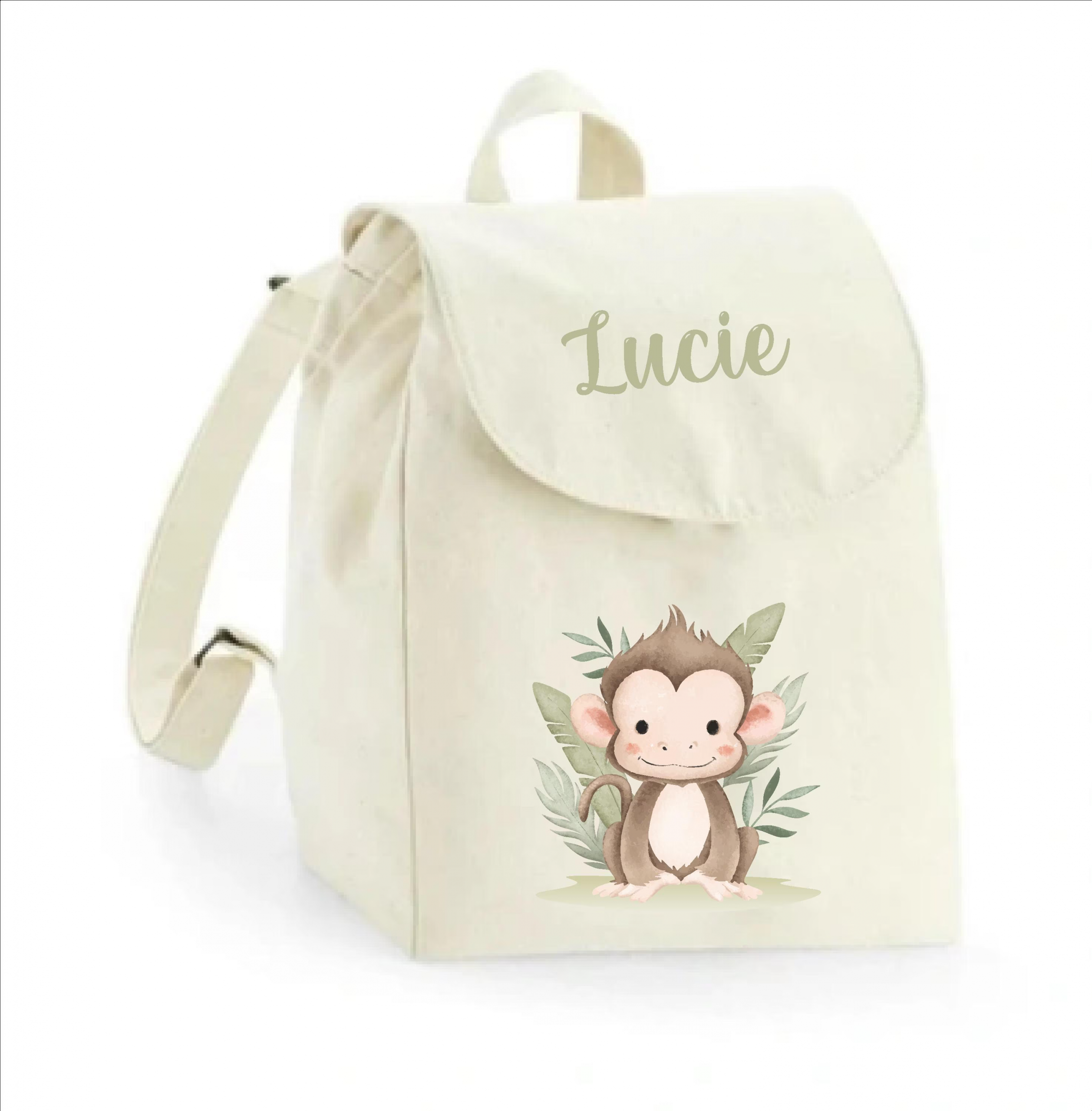 Sac à dos maternelle personnalisé prénom - Petit singe tropical - Sac crèche 100% coton bio - Rentrée enfant fille ou garçon