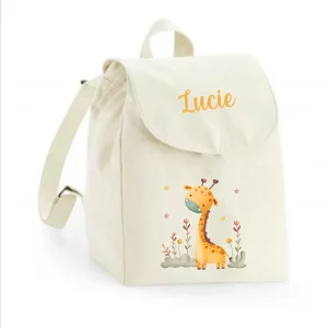 Sac à dos maternelle personnalisé prénom - Girafe illustrée et fleurs - Sac crèche 100% coton bio - Rentrée enfant fille ou garçon