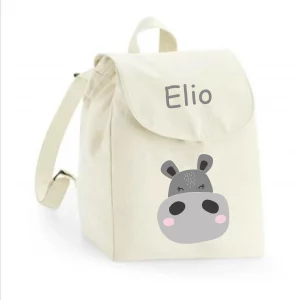 Sac à dos maternelle personnalisé prénom - Hippopotame mignon - Sac crèche 100% coton bio - Rentrée enfant - Cadeau garçon ou fille