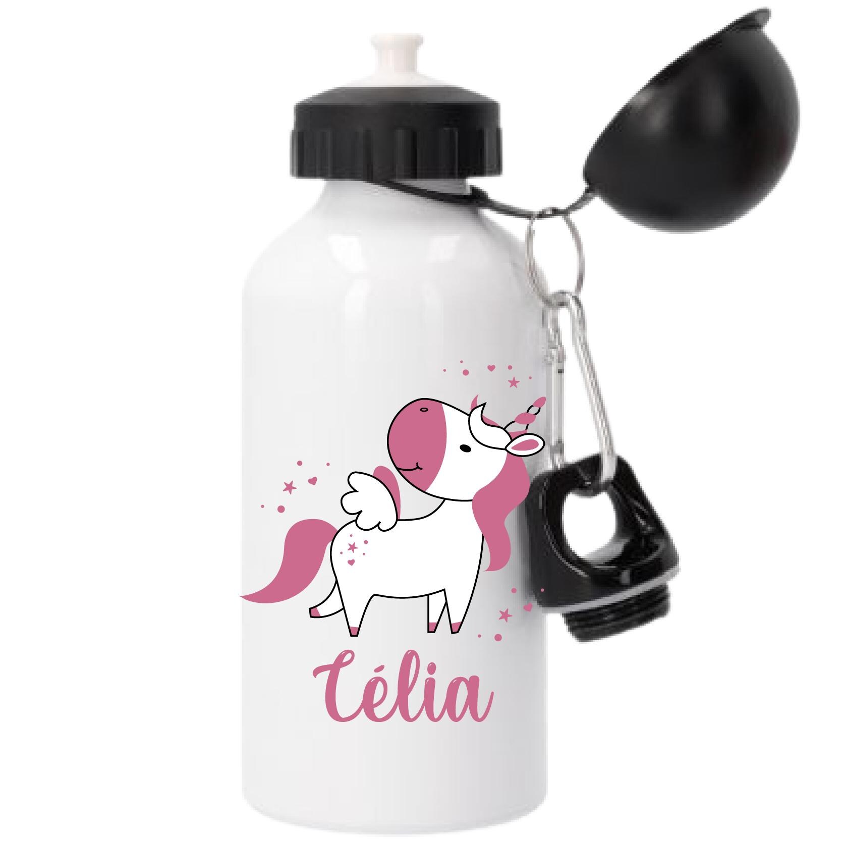 Gourde enfant personnalisée – Licorne rose adorable – Gourde sport 500 ml – Prénom au choix – Cadeau école ou crèche