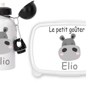 Coffret enfant personnalisé hippopotame – Gourde sport + boîte à goûter prénom – Rentrée maternelle ou crèche