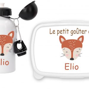 Set personnalisé enfant - Gourde sport 500 ml + Boîte à goûter - Motif renard - Prénom au choix - Cadeau crèche ou maternelle