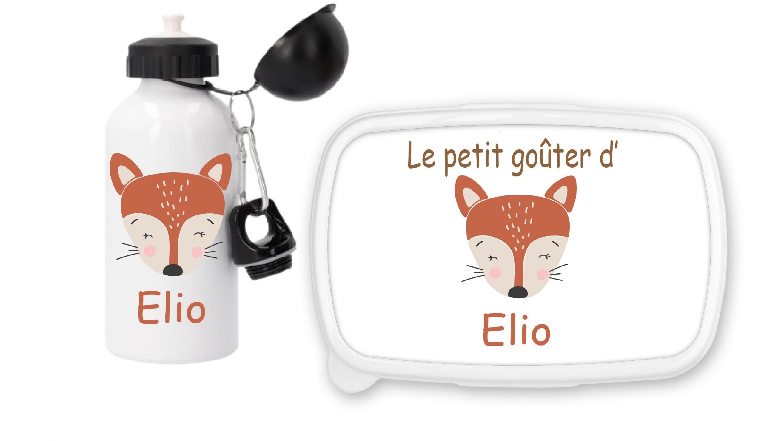 Set personnalisé enfant - Gourde sport 500 ml + Boîte à goûter - Motif renard - Prénom au choix - Cadeau crèche ou maternelle
