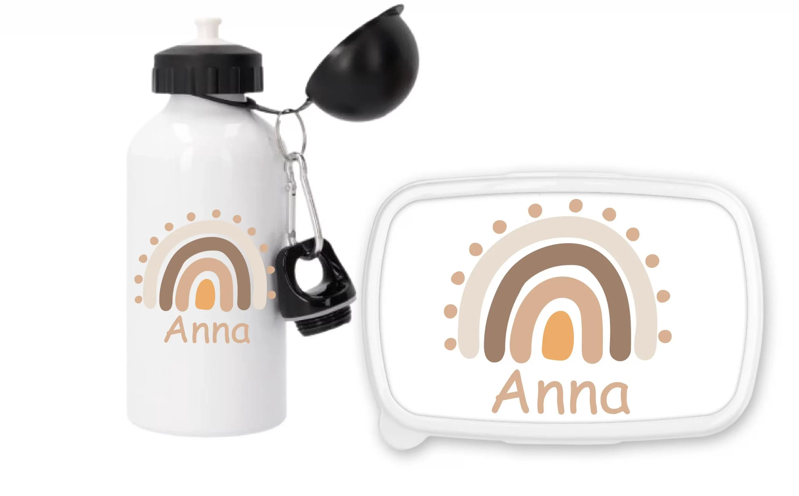 Set boîte à goûter + gourde personnalisée 500 ml – Arc-en-ciel rose – Prénom enfant