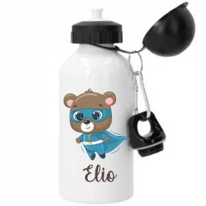 Gourde sport 500 ml personnalisée – Motif ourson super-héros bleu – Prénom – Pour école, crèche, sorties