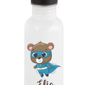 Gourde paille personnalisée – Ourson super-héros bleu – Prénom enfant – Gourde école 600 ml