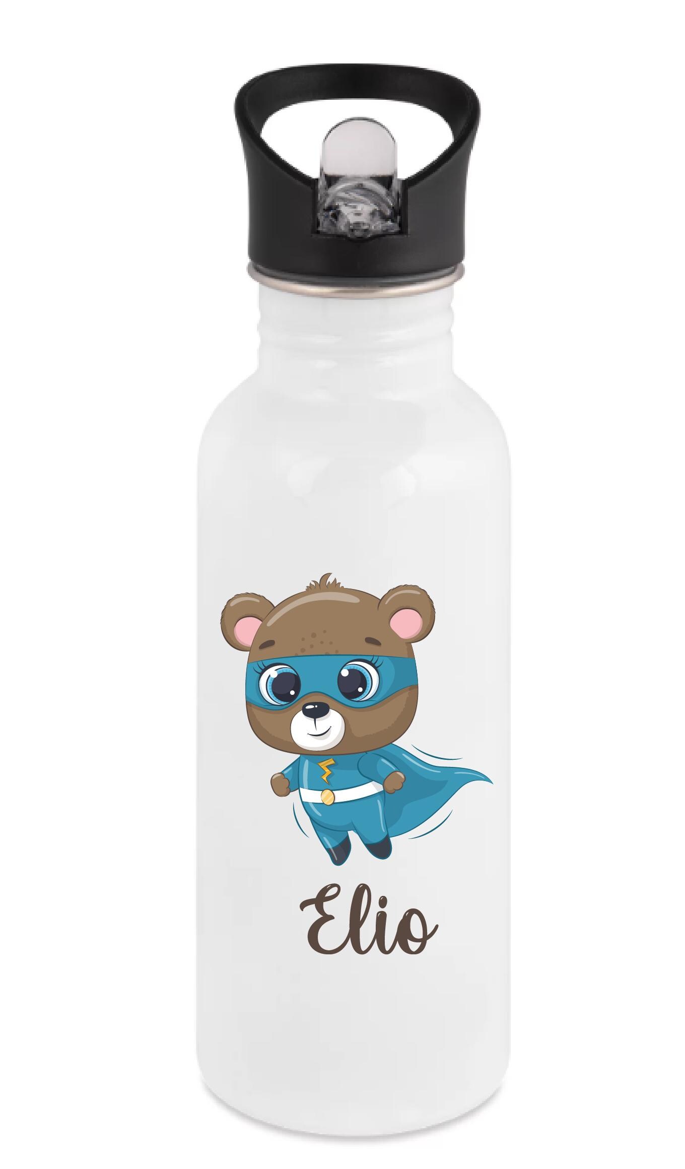 Gourde paille personnalisée – Ourson super-héros bleu – Prénom enfant – Gourde école 600 ml