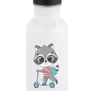 Gourde paille personnalisée 600 ml – Raton laveur trottinette – Prénom enfant – Crèche / école