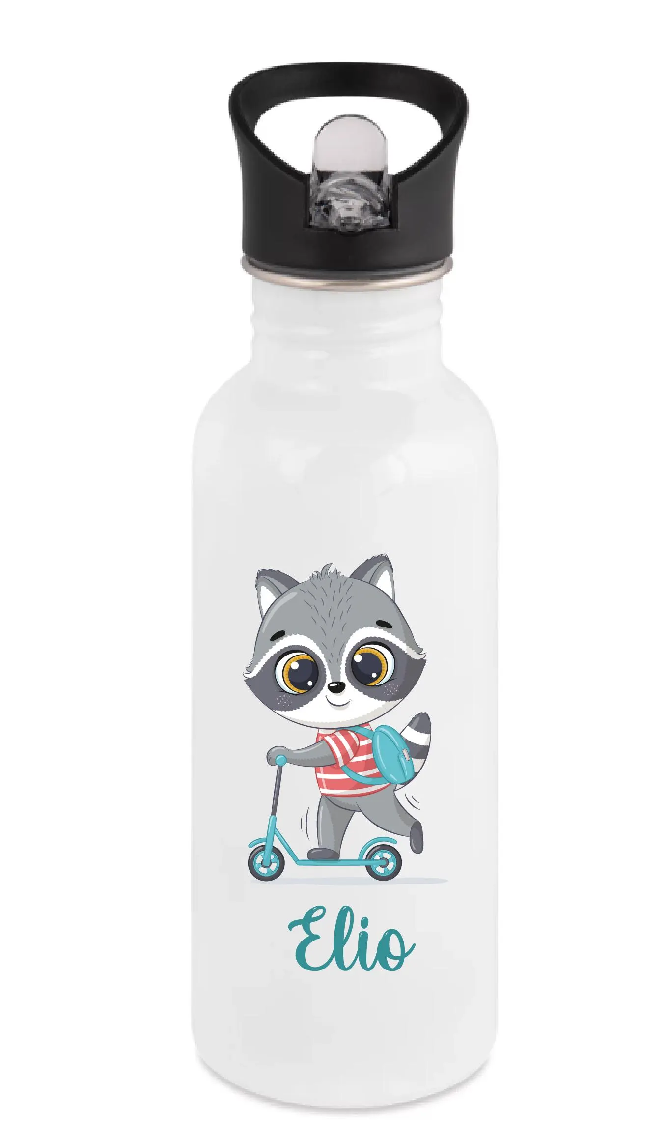 Gourde paille personnalisée 600 ml – Raton laveur trottinette – Prénom enfant – Crèche / école