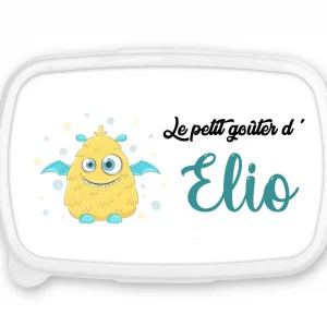 Boîte à goûter personnalisée prénom petit monstre jaune – Fond bleu – Lunch box garçon – Rentrée scolaire maternelle ou crèche