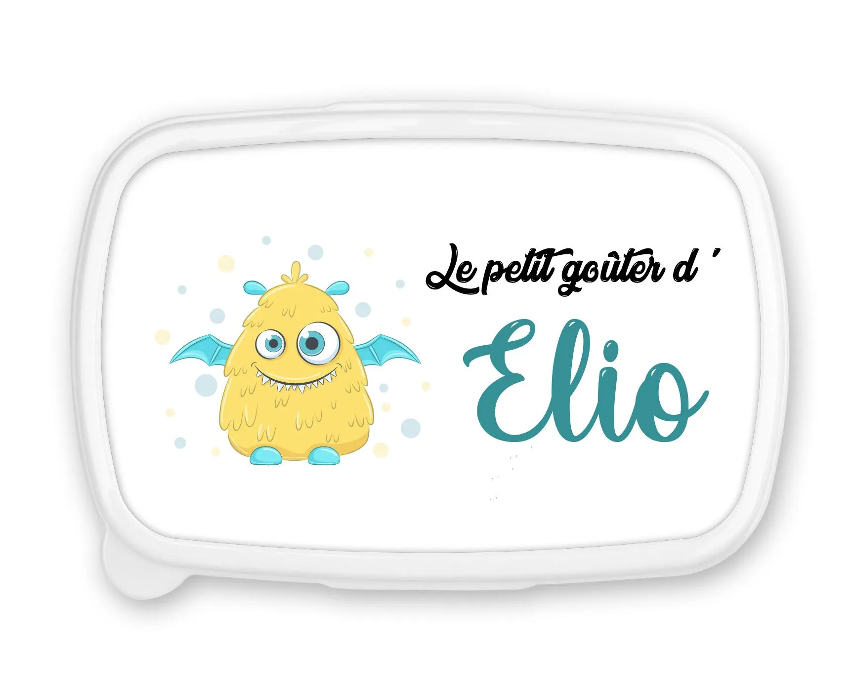 Boîte à goûter personnalisée prénom petit monstre jaune – Fond bleu – Lunch box garçon – Rentrée scolaire maternelle ou crèche