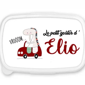 Boîte à goûter personnalisée prénom dinosaure voiture – Fond bleu – Lunch box garçon – Rentrée scolaire maternelle ou crèche